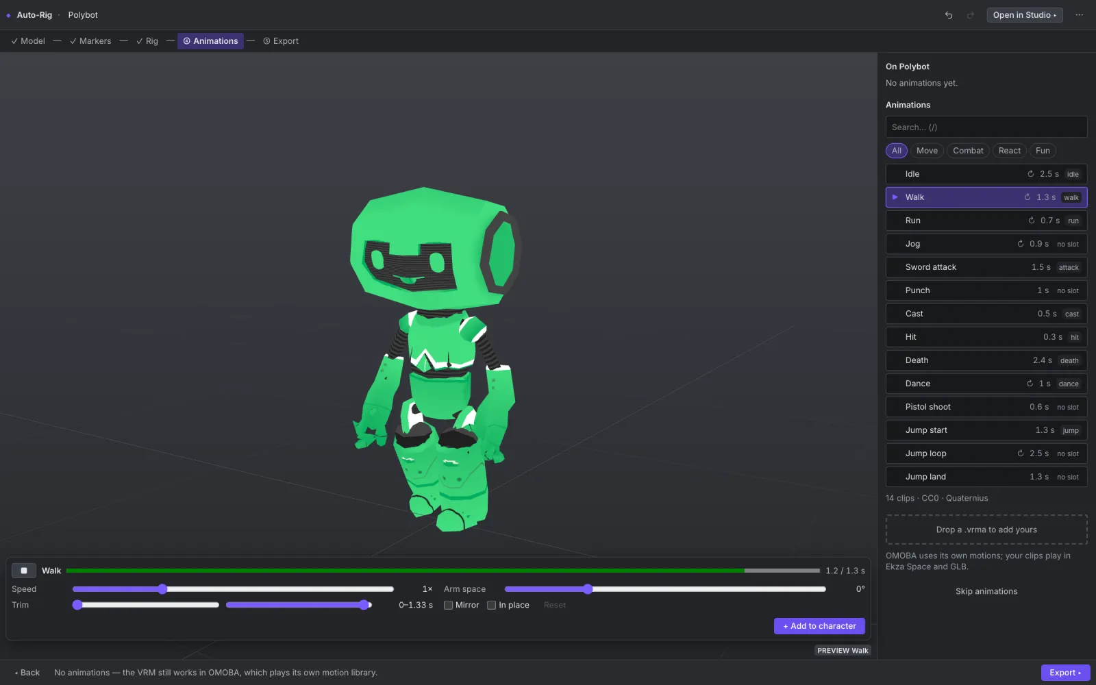 Ekza Studio Auto-Rig animations step with the CC0 clip library